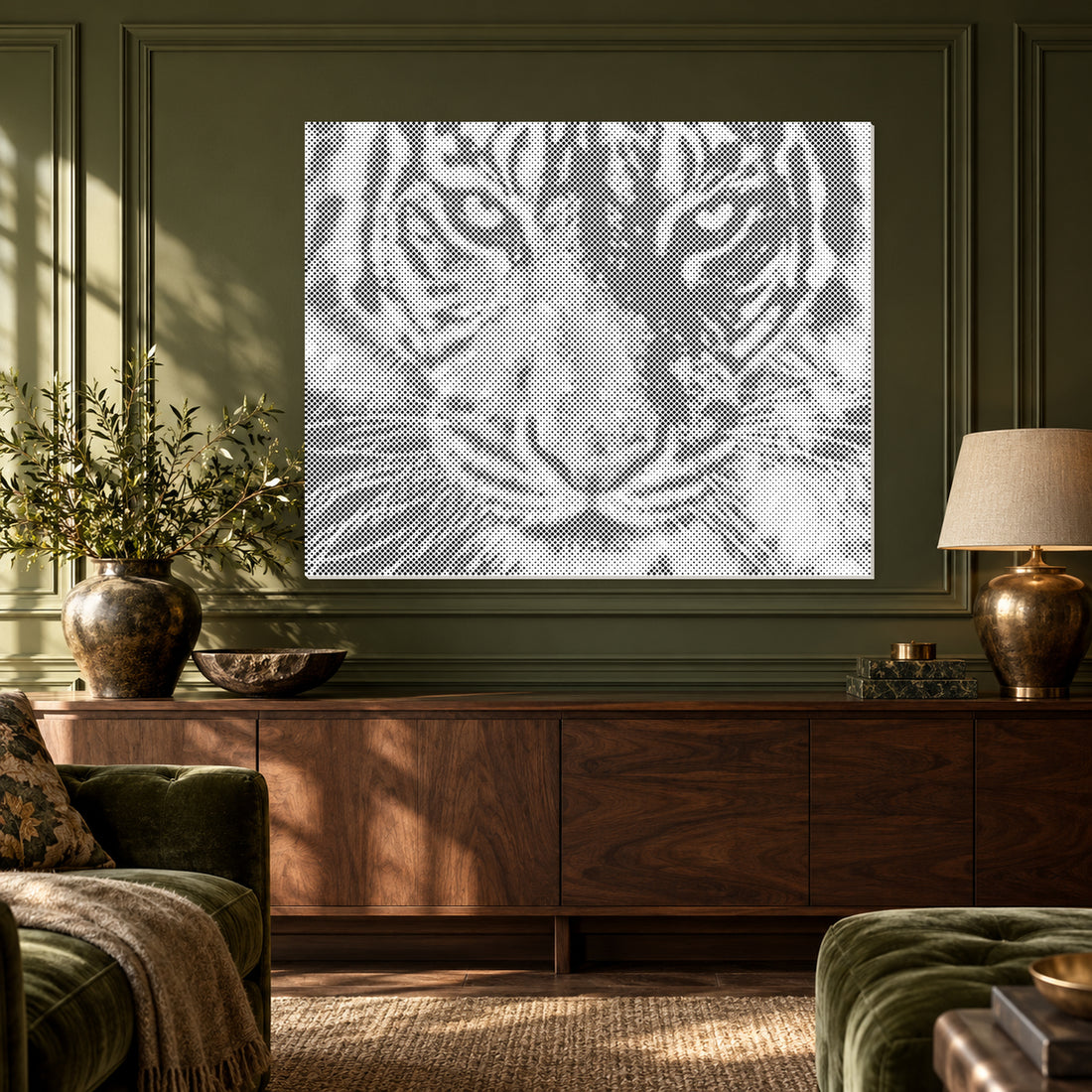 Wilde Majestät: Punktmalerei eines Tigers in Nahaufnahme an einer olivgrün getäfelten Wand über einer Walnussholzkonsole.
