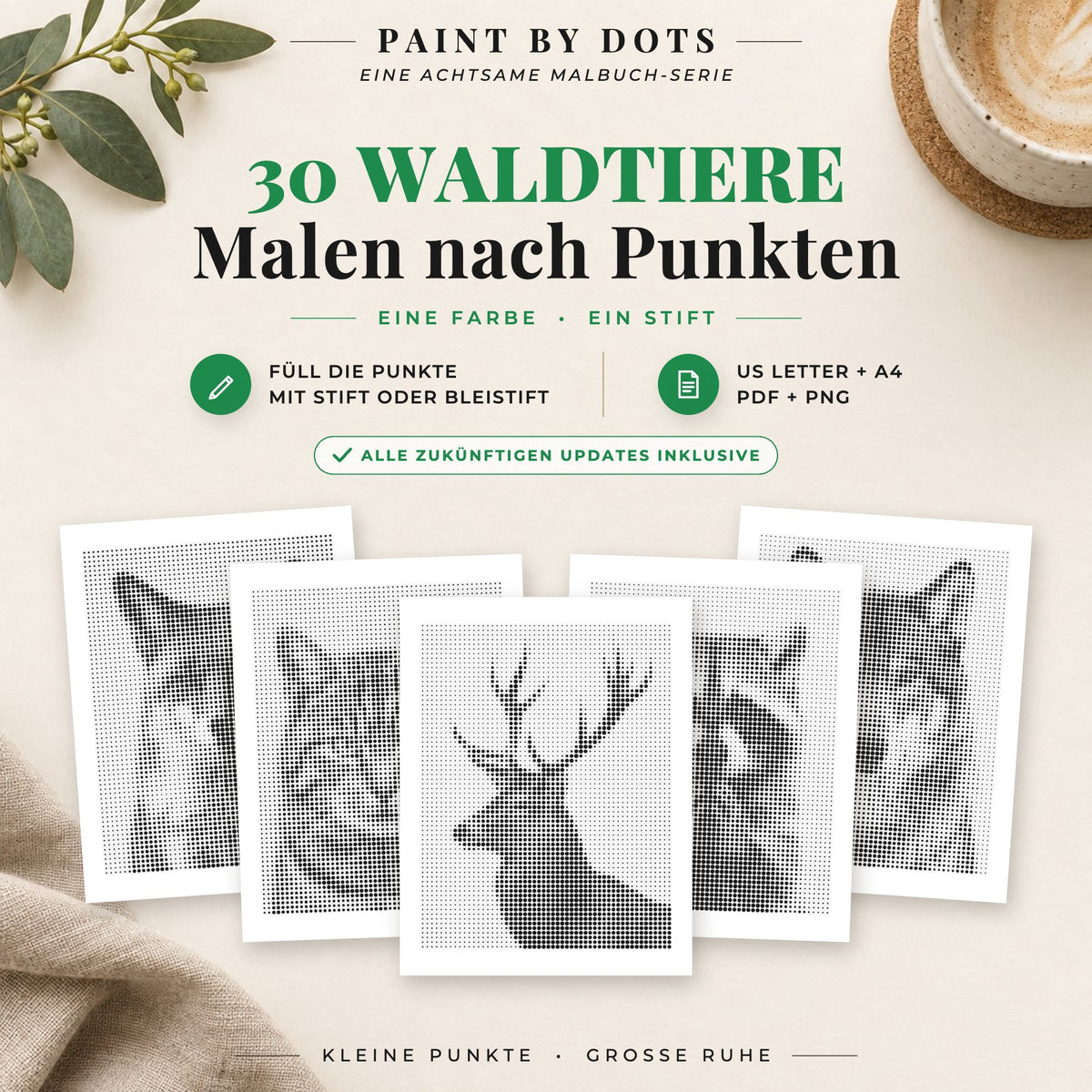 Cover des Punktmalerei-Buchs Waldtiere mit 30 druckbaren Motiven