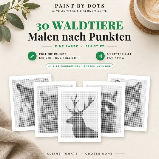 Cover des Punktmalerei-Buchs Waldtiere mit 30 druckbaren Motiven