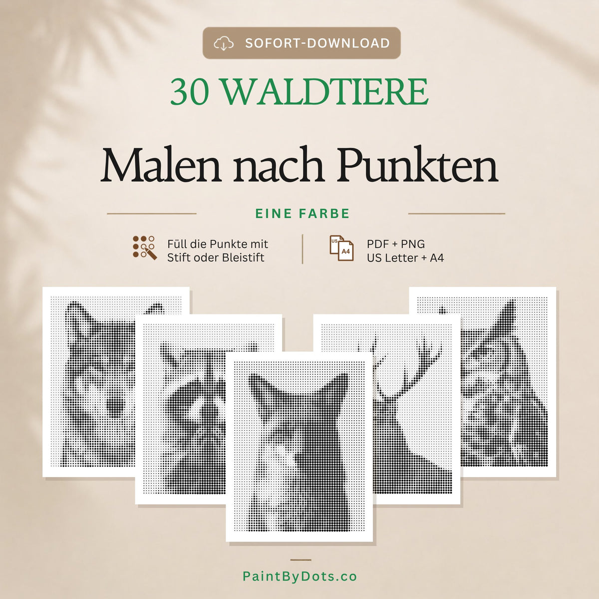 Waldtiere Punktmalerei als digitaler Download mit 30 druckbaren Seiten (dot painting)