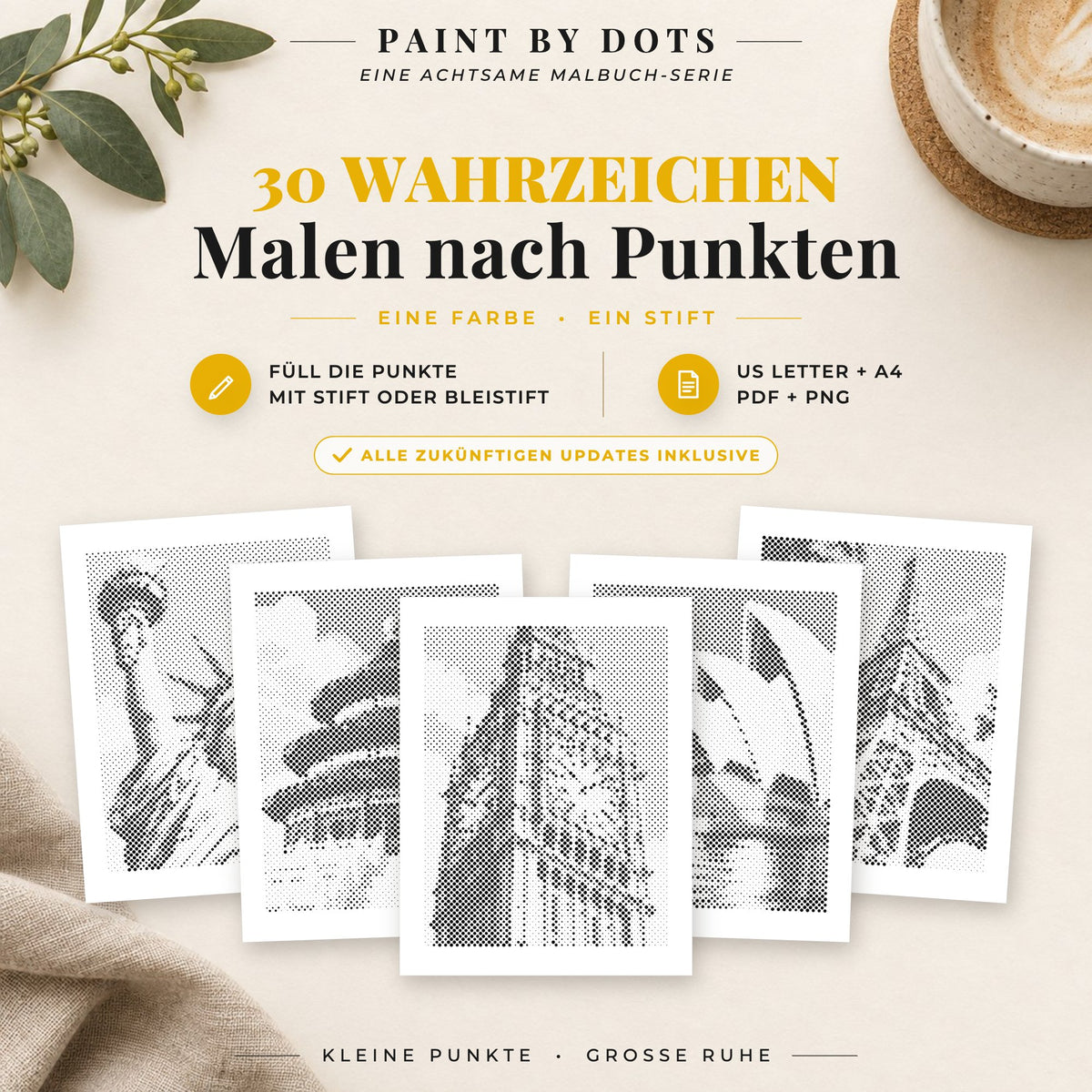Cover des Punktmalerei-Buchs Wahrzeichen mit 30 druckbaren Motiven